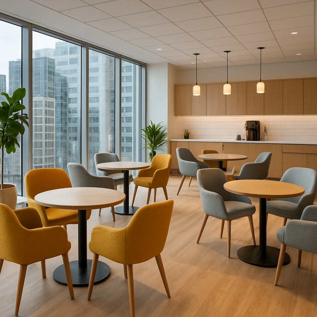 Modern commercial breakroom with VANSIO lounge seating and round tables